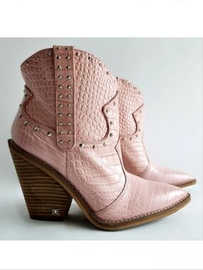 Sam Edelman Pink Croc Embossed Leather Ankle Boots, Western Silver Studs, 7.5